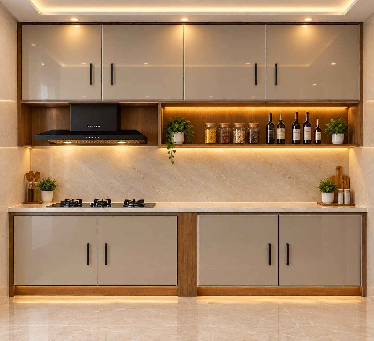 Modular kitchen with taupe gloss cabinets, timber frames and a stone backsplash